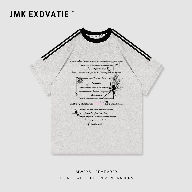 Jimei·杠条短袖创意字母蜘蛛图案印花街头宽松