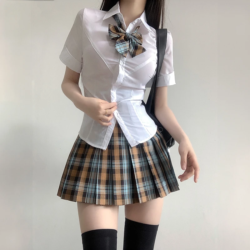 白色衬衣学院风套装jk纯欲收腰短袖衬衫显瘦短裙百搭甜美少女夏季