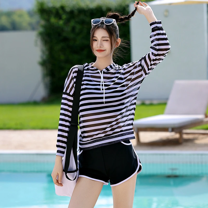 晟琬琪泳衣女分体罩衫三件套遮肉显瘦长袖防晒学生保守温泉游泳衣