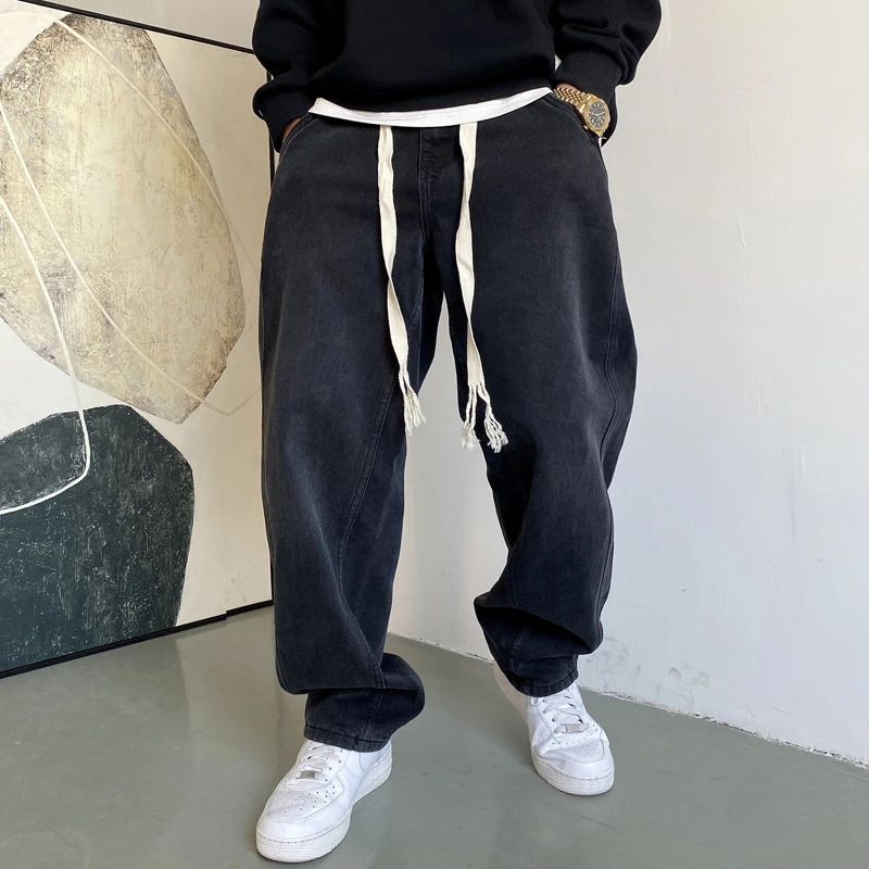 春秋季美式休闲痞帅黑色水洗复古直筒牛仔裤男宽松百搭抽绳阔腿裤