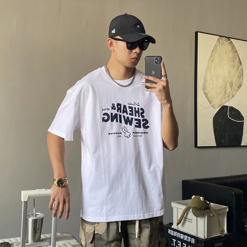 夏季美式休闲痞帅重磅印花短袖T恤男宽松高街百搭纯棉半袖体恤潮