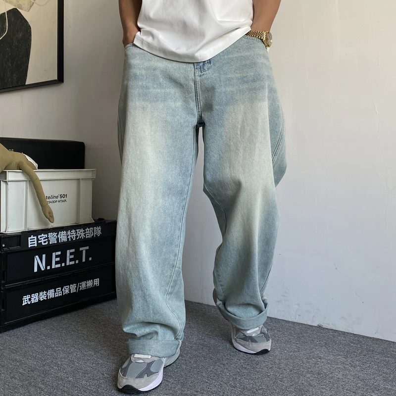 春季美式休闲痞帅水洗复古浅色牛仔裤男直筒宽松百搭阔腿裤子潮牌