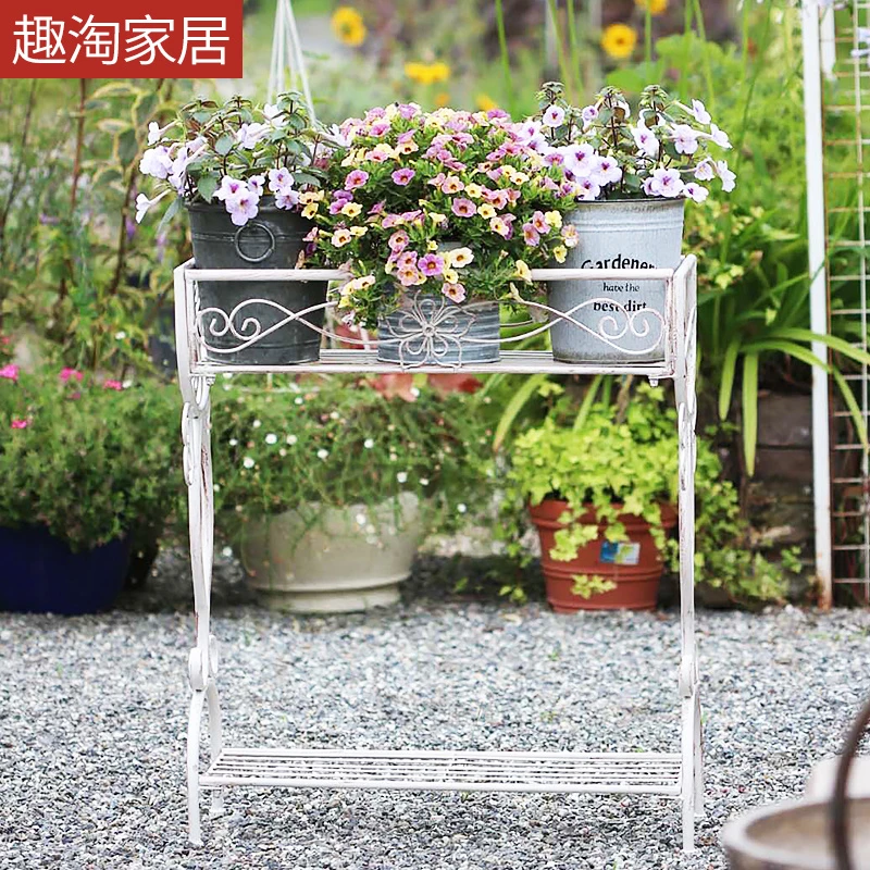 美式乡村田园铁艺双层花槽摆件户外园艺阳台别墅庭院装饰品花盆架