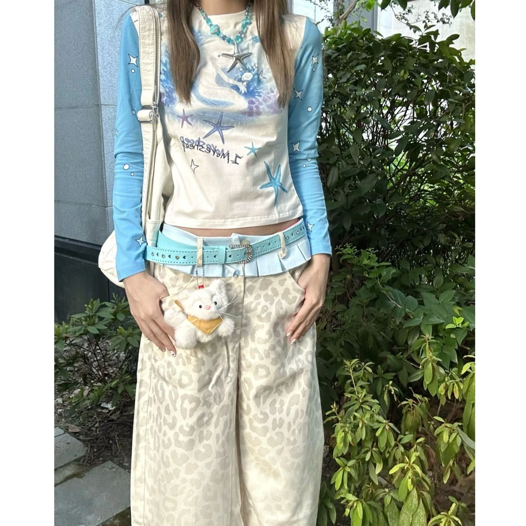 美式浅色水洗豹纹裙摆拼接牛仔裤女设计感小众直筒宽松阔腿拖地裤