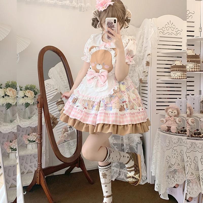 铭依记少女原创小熊生日会少女可爱洛丽塔短袖OP连衣裙