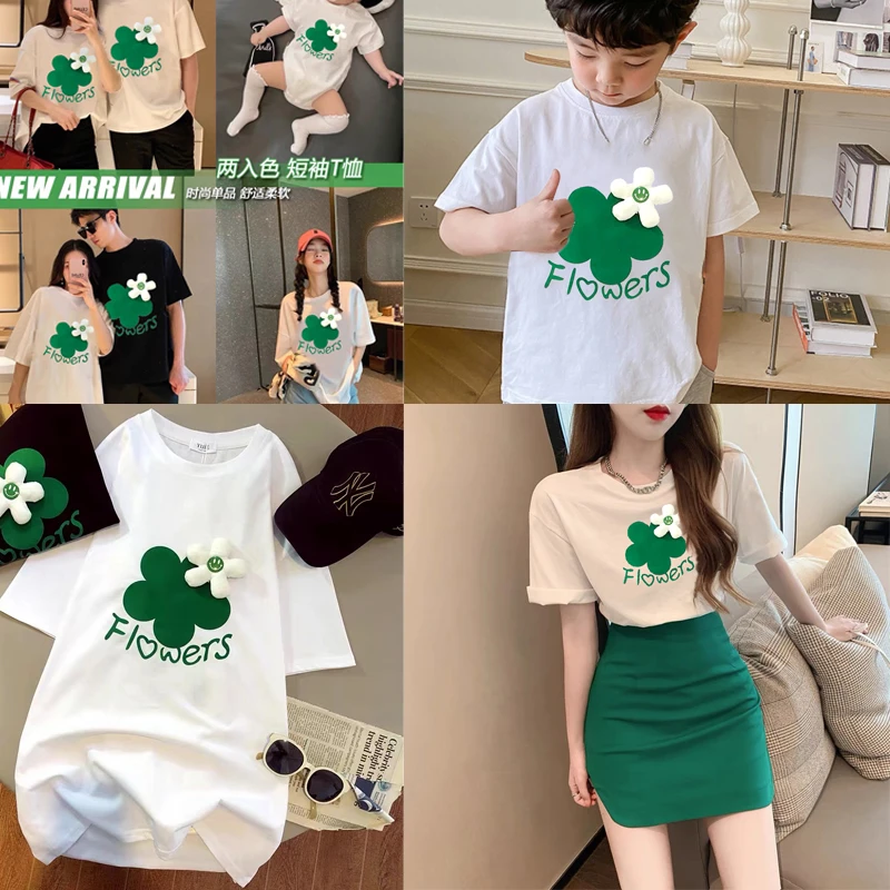 夏季女童儿童2022 韩版白色花朵短袖T恤亲子装新款宽松设计感上衣