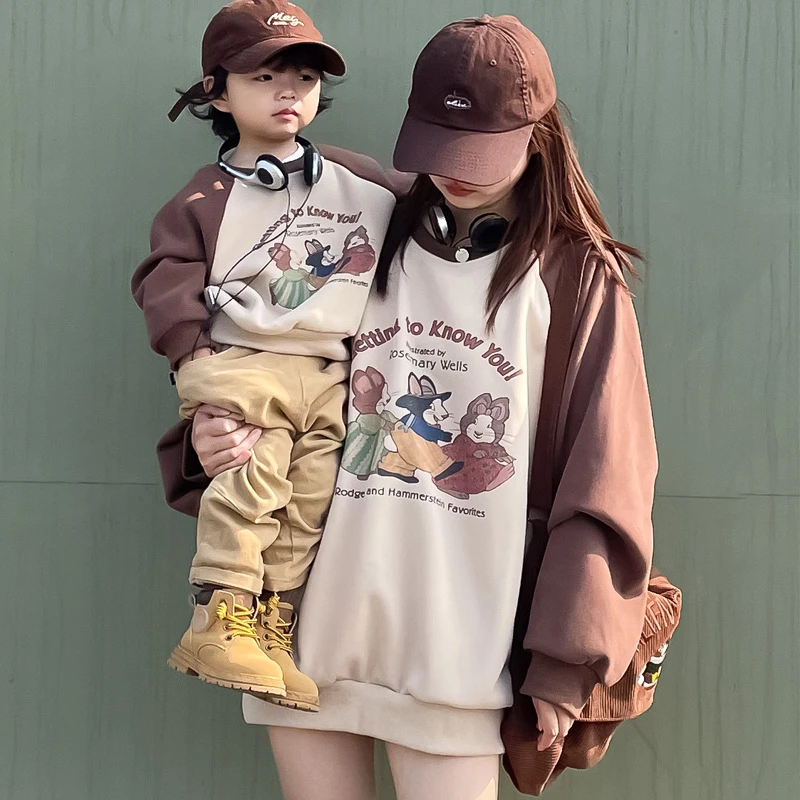 实拍韩版秋冬装一家三口卡通插肩袖撞色亲子卫衣加绒加厚连体衣潮