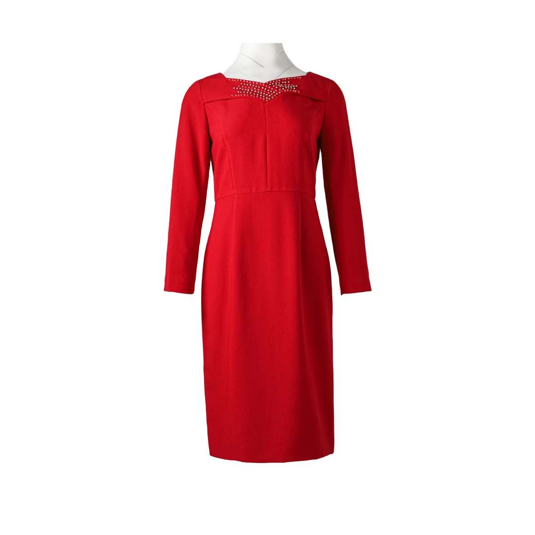 305410-优雅浪漫玫瑰色连衣裙气质名媛淑女休闲通勤礼服中长裙