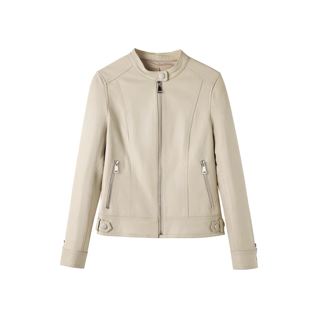 G8465-时尚气质立领皮衣外套春秋帅气纯色机车修身女装上衣