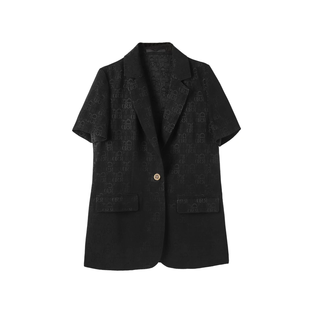 W12093-新款短袖气质提花时尚百搭简约优雅通勤西装外套女