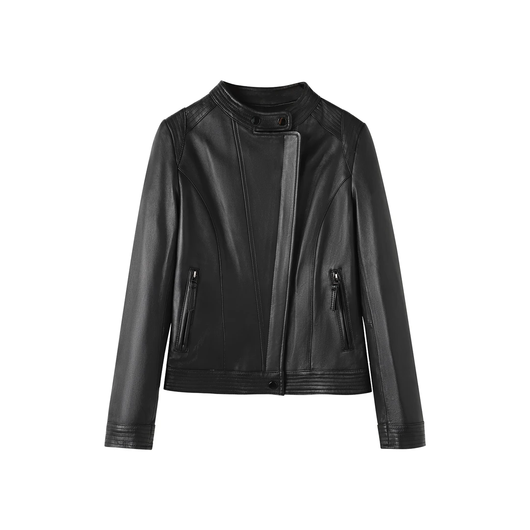 2410708-气质春秋绵羊皮革立领复古机车夹克皮衣外套女