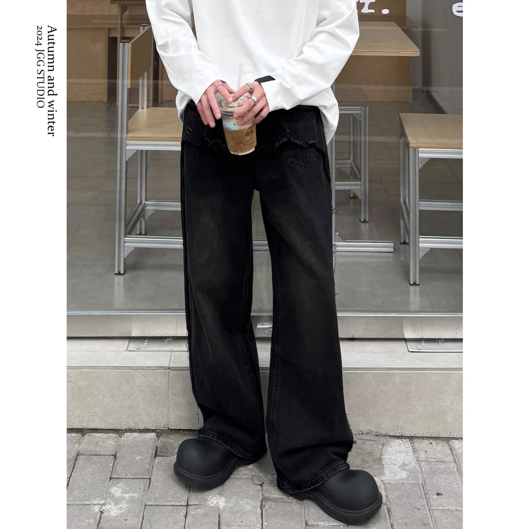 鸡哥哥24/W 反意识设计 双面分割式裁剪 猫抓边廓版直筒牛仔裤