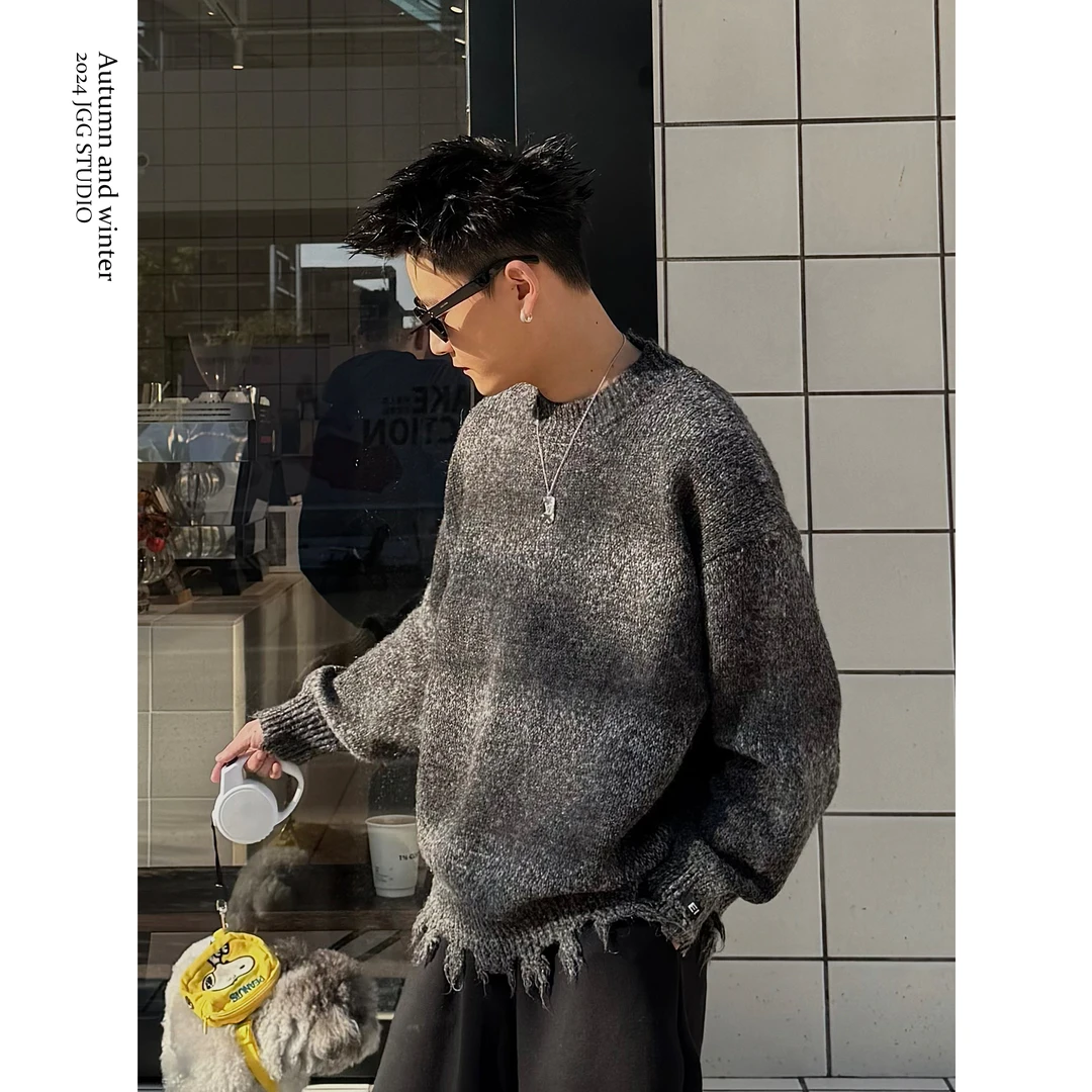 鸡哥哥24A/W 定制段染羊毛混纺纱线 重工黏织纯手工破坏边毛衣