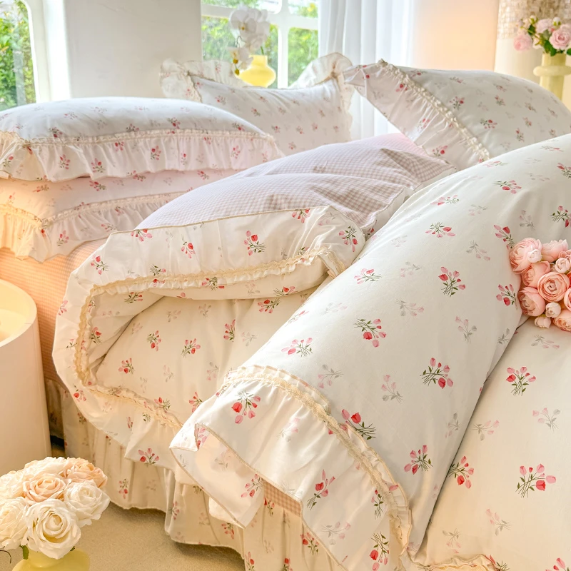 全棉韩式花边四件套纯棉公主风可爱田园碎花春秋床单被套床上用品