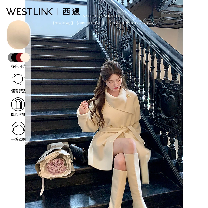 西遇高领短款洋气毛呢外套女2025年春季新富家千金收腰双排扣大衣
