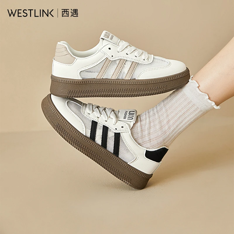 西遇网面德训鞋女2025夏季新款复古阿甘鞋三条杠轻便厚底休闲板鞋