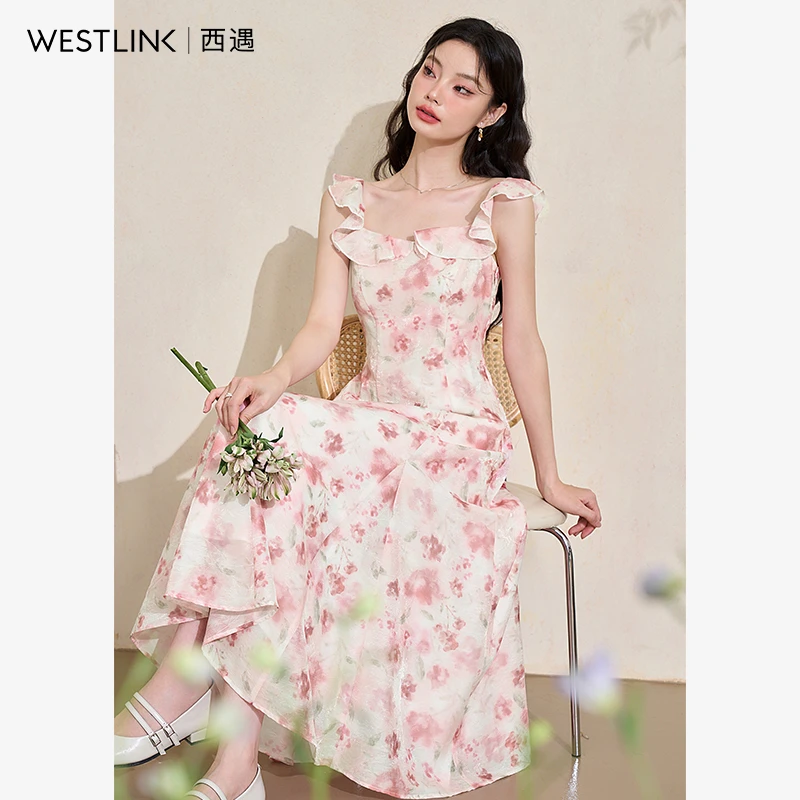 法式浪漫荷叶边提花雪纺连衣裙女2025夏季复古优雅收腰连衣裙