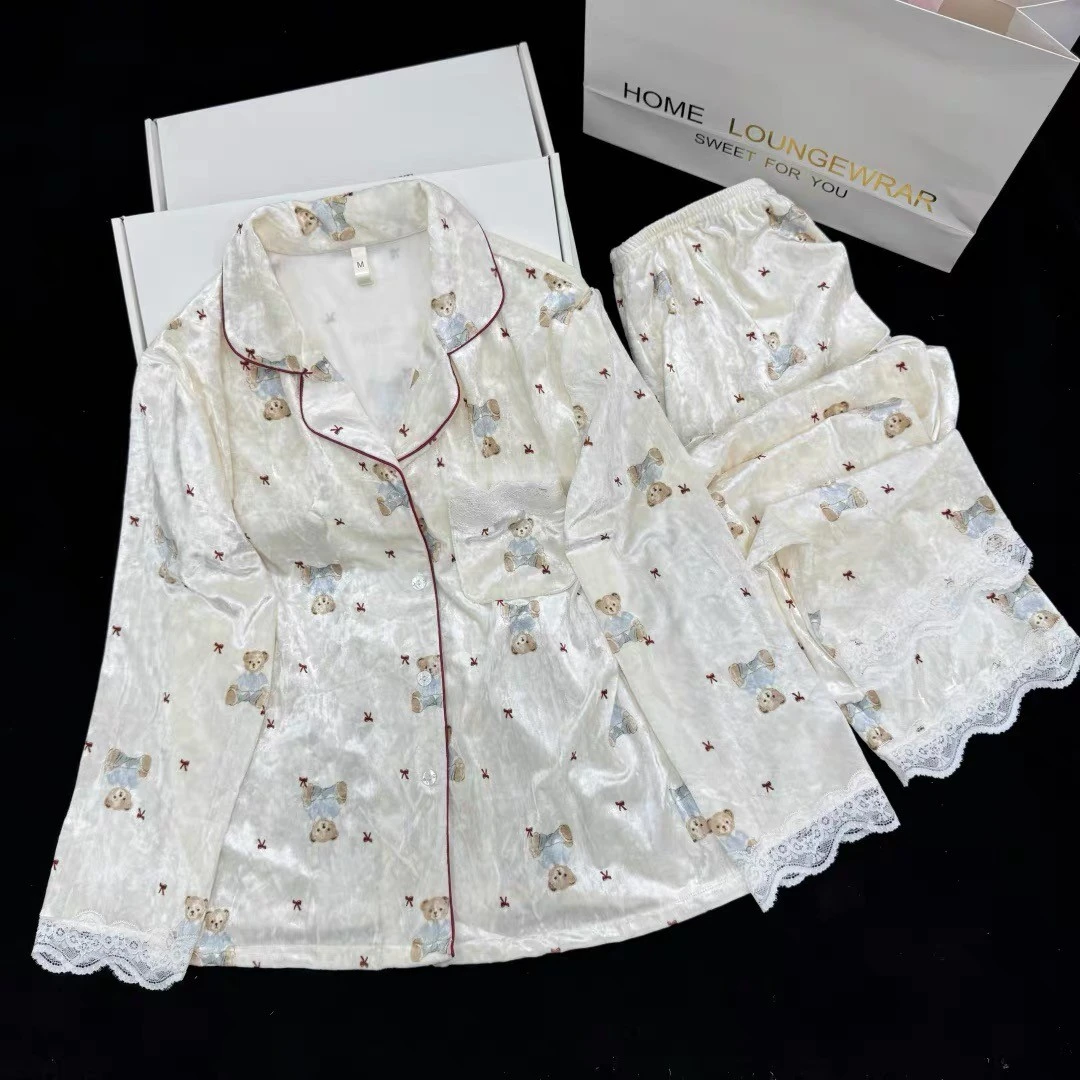 2025秋冬金丝绒睡衣【小熊比比】家居服冰丝家居服可外穿睡衣女套装