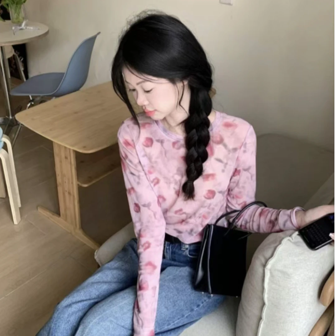 夏季新款女装网纱柔软亲肤玫瑰花长袖衫显瘦时尚针织印花设计感