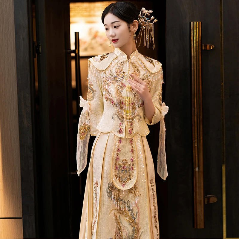 秀禾服新娘新款香槟色金色中式婚服订婚礼服夏季蝴蝶结新式高级秀