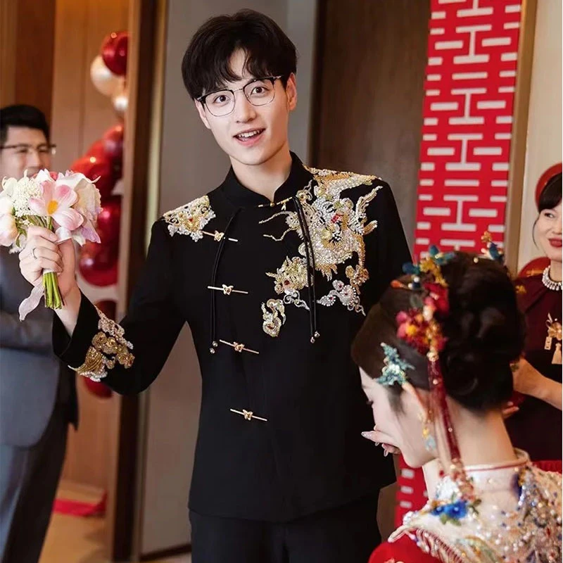 新中式中山装套装男装2025新款结婚可穿高端气质新郎黑色西装礼服
