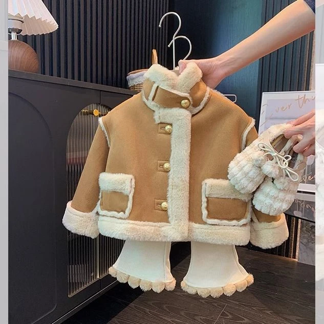女童皮毛一体外套2024秋冬新款儿童加绒洋气宝宝冬季加厚高档上衣