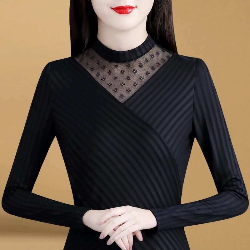 9475打底衫显瘦气质洋气时尚百搭加绒黑色修身秋冬拼接蕾丝女士