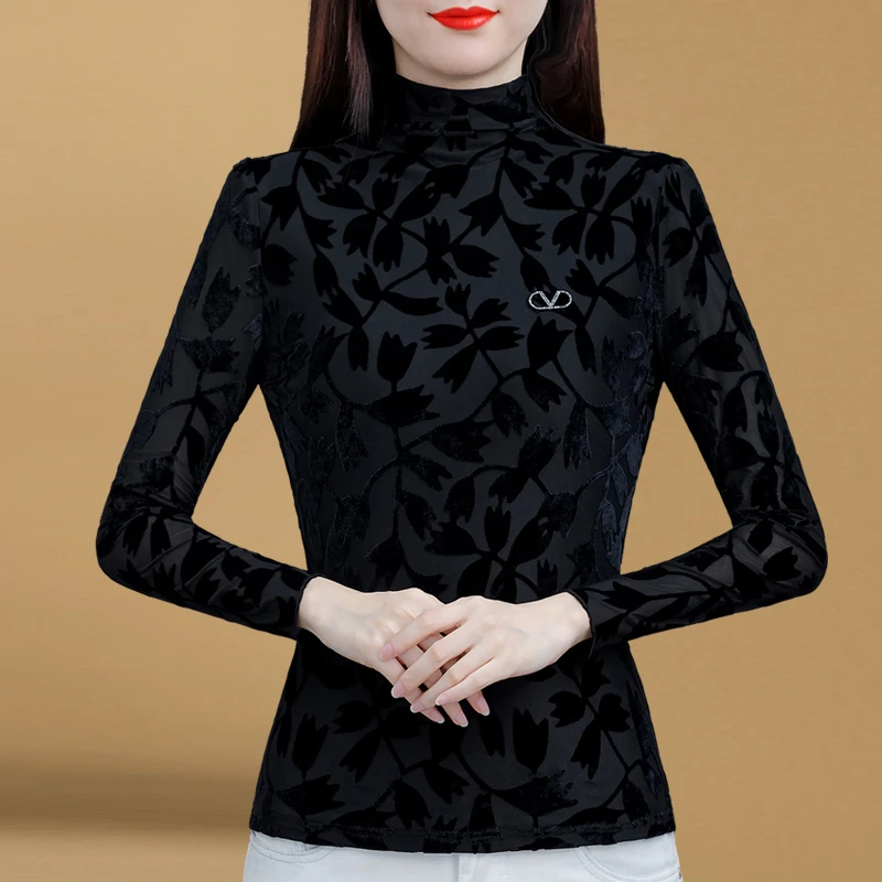 85162半高领打底衫女长袖秋冬洋气内搭网纱修身加绒时尚百搭小衫