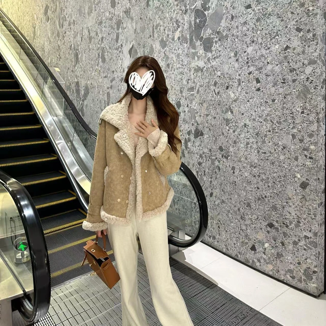 高级感美式复古短外套女秋冬新款皮毛一体机车服加绒加厚夹克上衣