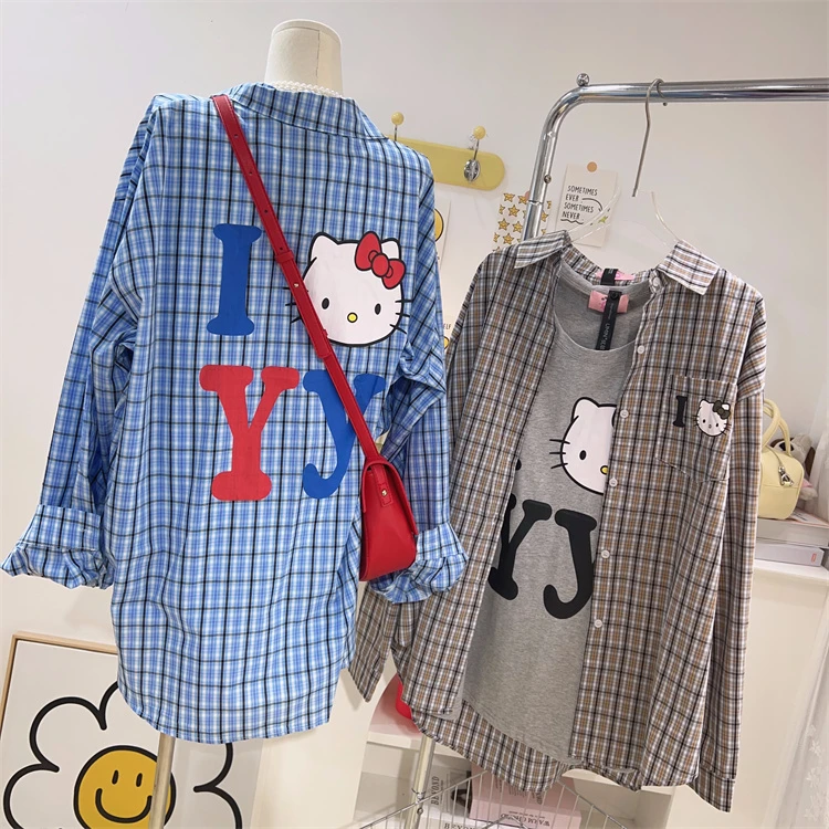 【钱呼呼】减龄显白的蓝色系格纹长袖防晒衬衫背后也有印花的上衣女