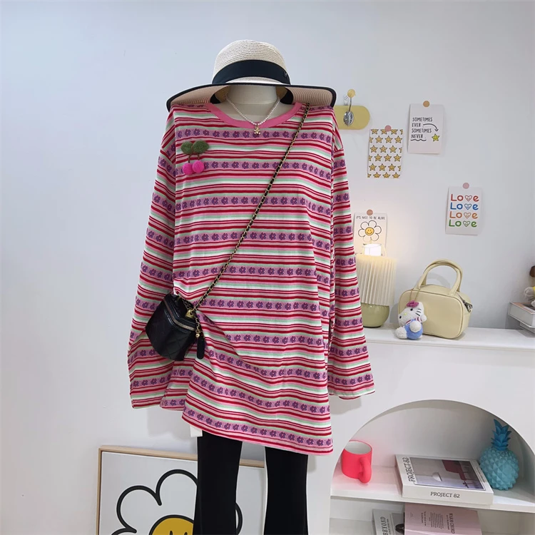 【钱呼呼】2024早秋新款条纹小花花立体公仔中长款宽松T恤下衣失踪