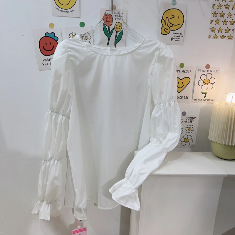 【钱呼呼】清版~2025秋季新款圆领套头松紧节节袖圆领套头白色衬衫