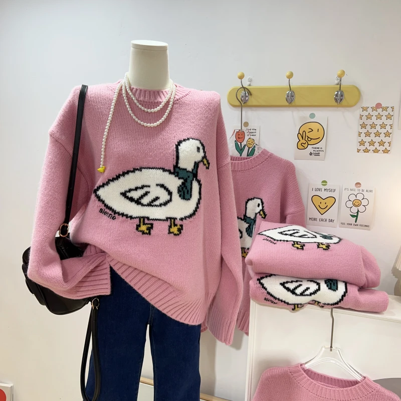 【钱呼呼】“闲庭信步鸭”可爱粉色套头针织毛衣2024秋冬韩系甜美百搭