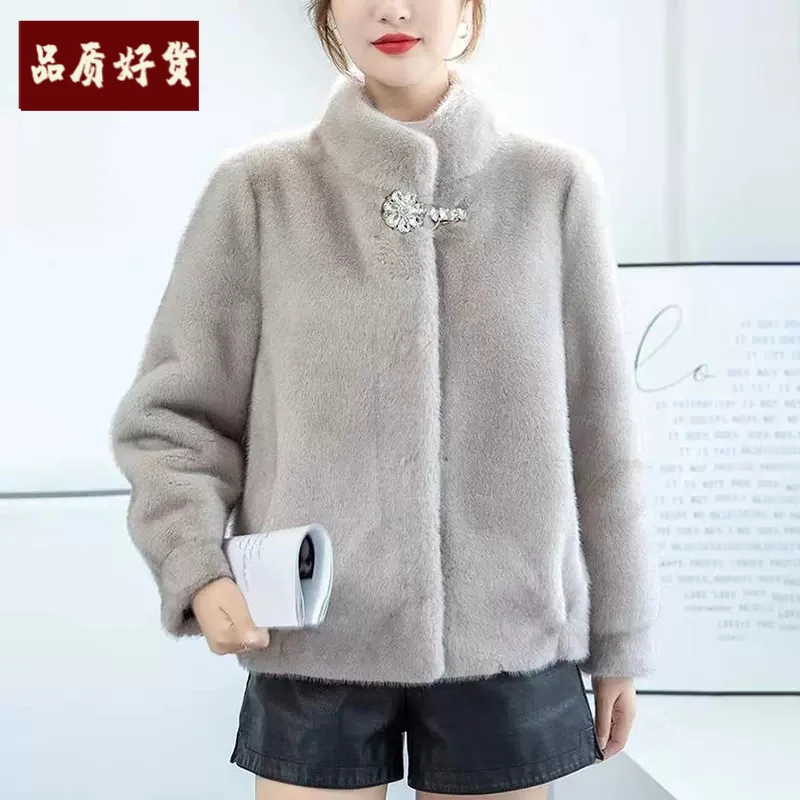 海宁专柜加厚时尚皮毛一体大衣保暖妈妈装新款冬季水貂绒短款外套