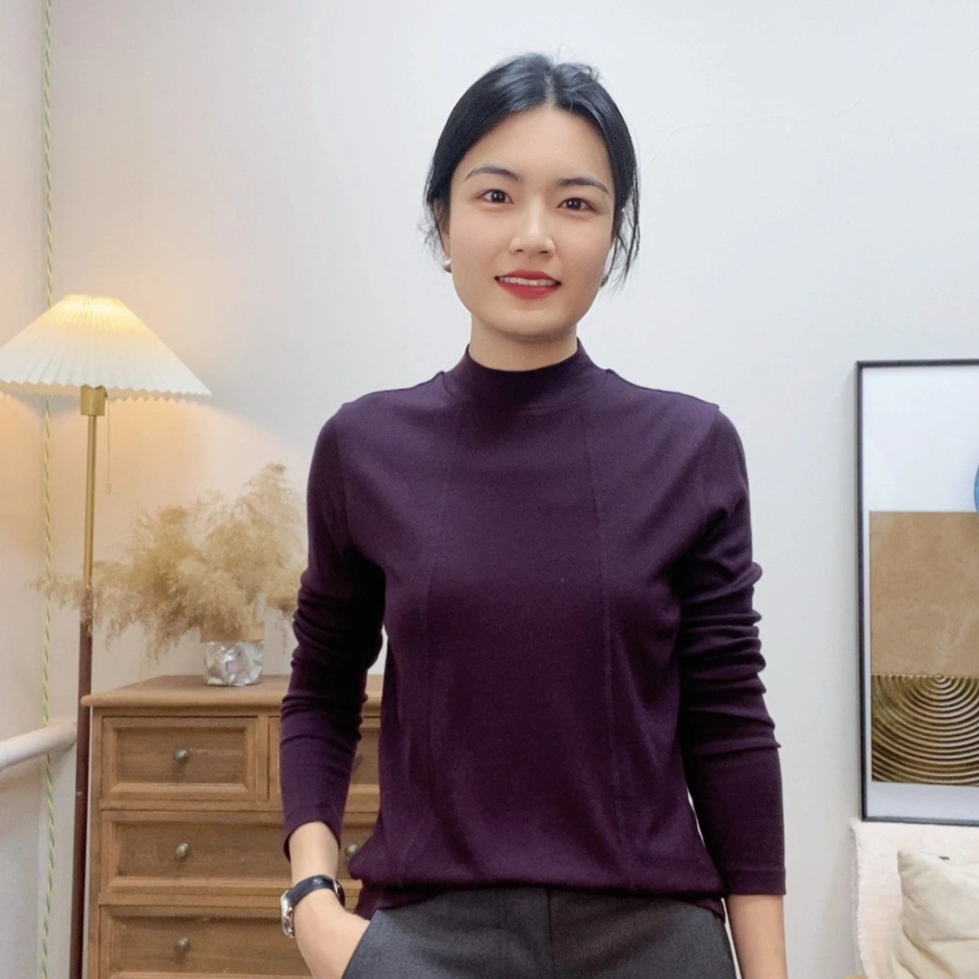 美拉德薄款桑蚕丝莱赛尔混纺小立领小半高领长袖T恤百搭休闲时尚