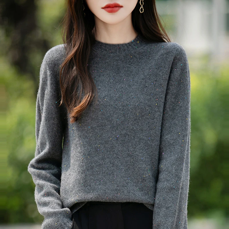 满目星辰~圆领纯毛珠片内搭女针织上衣