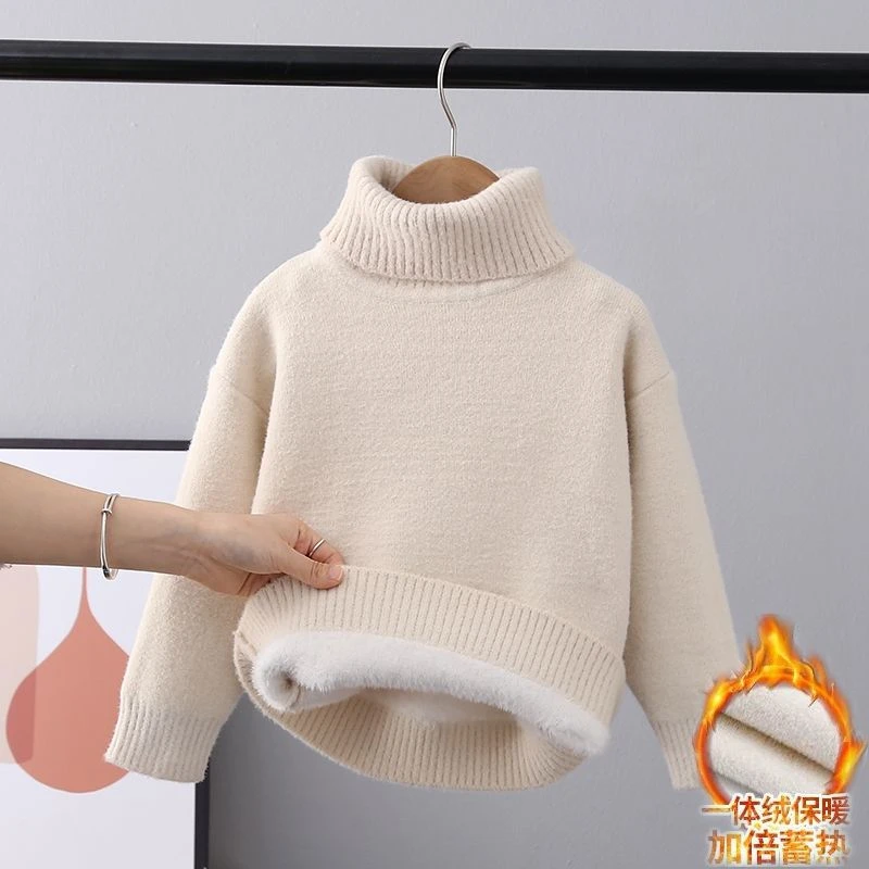 巴拉新款一体绒高领加绒加厚冬装韩版洋气中童韩版套头针织衫打底
