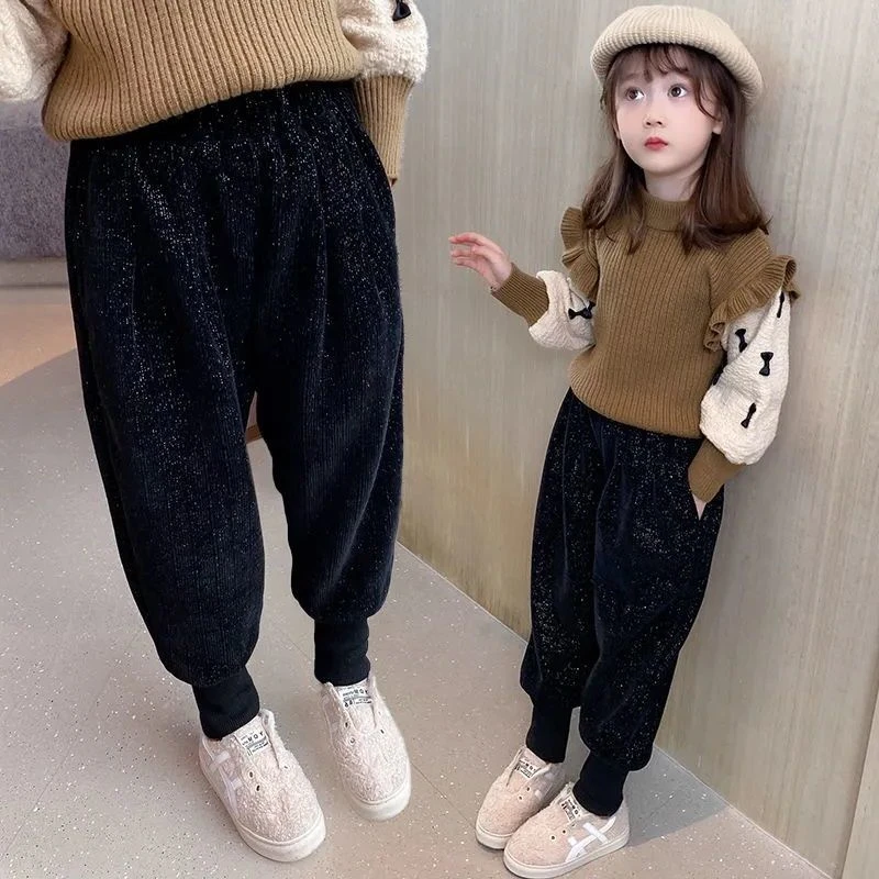 巴拉女童加绒裤子秋冬外穿2023新款韩版束脚儿童加厚保暖灯芯绒休