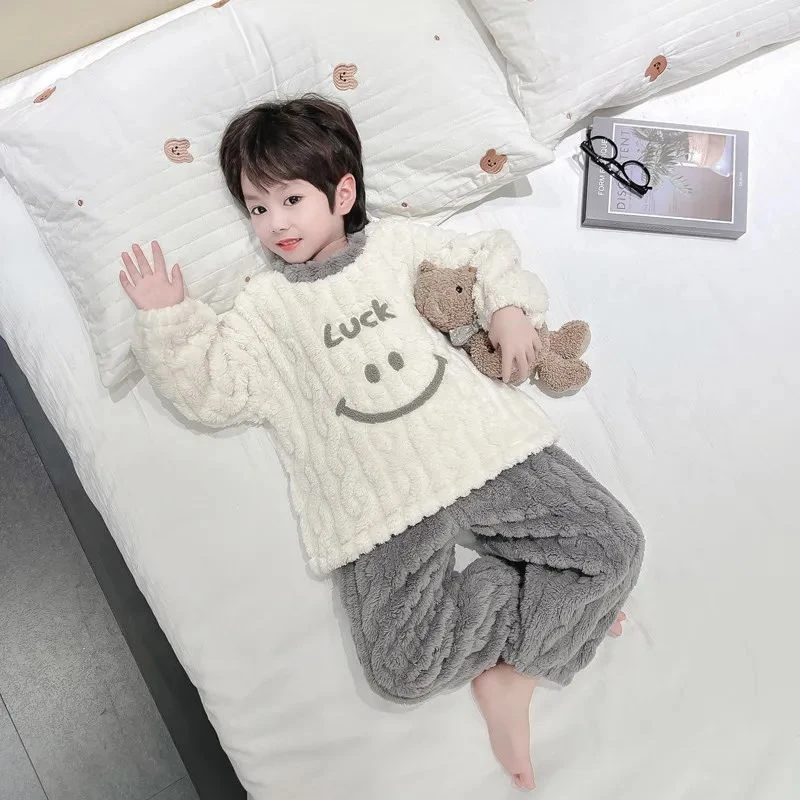 巴拉男童睡衣秋冬季法兰绒加厚珊瑚绒2023新款宝宝家居服套装a