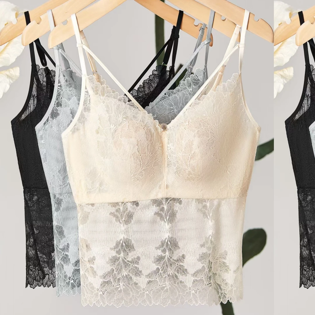 法式性感蝴蝶蕾丝内带胸垫软钢圈美背吊带打底背心夏季薄款8968