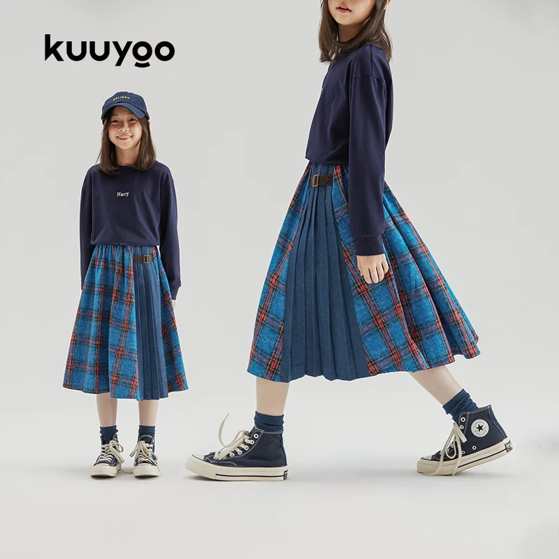 KUUYOO儿童复古牛仔格纹半身裙春秋款蓝色格子女童裙子摆裙中大童