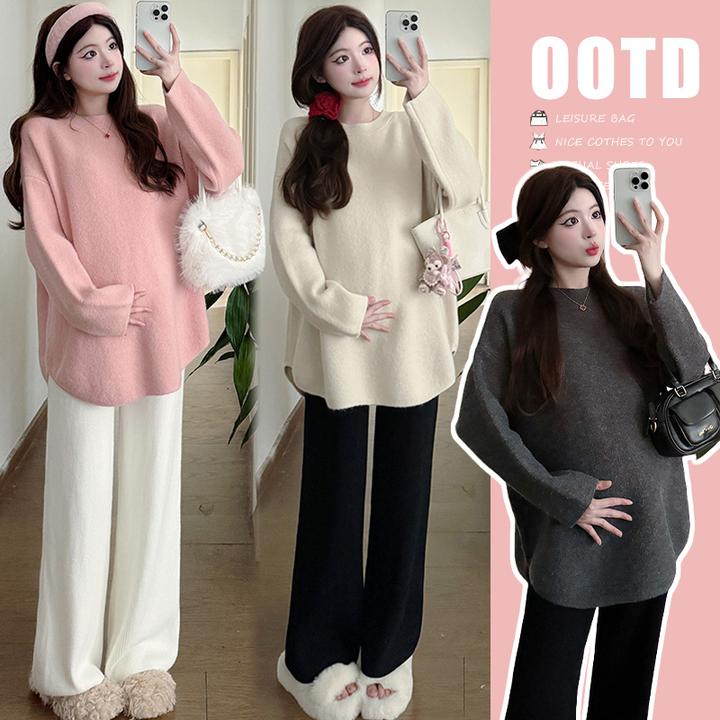 孕妇套装秋冬针织宽松百搭时尚毛衣+休闲加绒阔腿孕妇裤子两件套