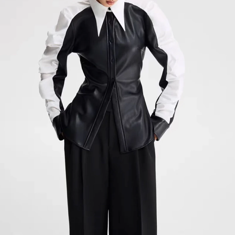 欧洲站2023秋冬新款欧货拼接收腰皮衬衣女设计感小众长袖pu皮外套