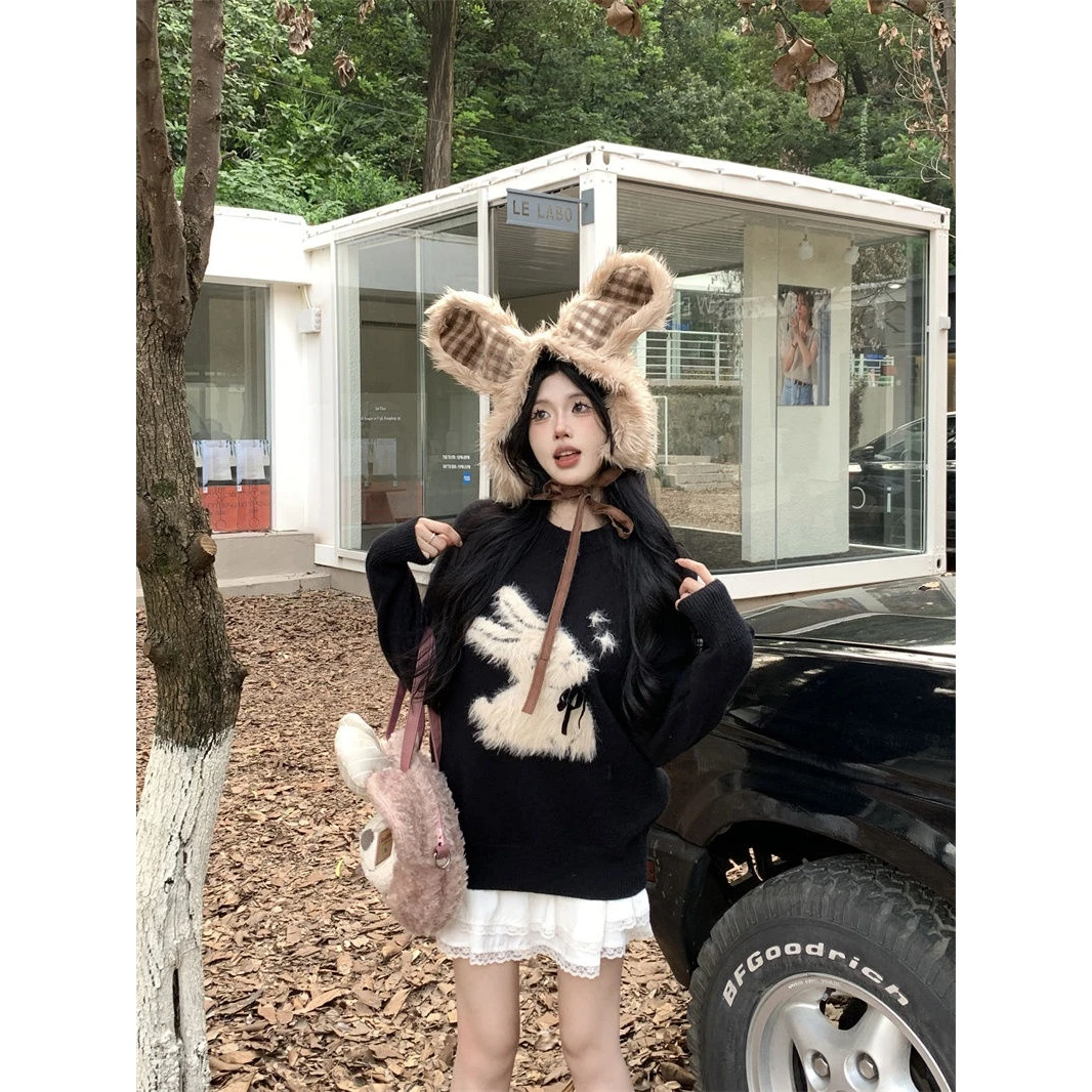 奶fufu慵懒风毛绒兔子黑色毛衣秋冬新款圆领套头外穿加厚针织衫潮