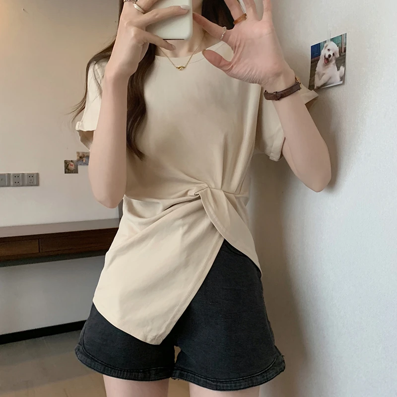 大码女装胖mm新款设计感小众短袖t恤夏季修身纯欲风辣妹时尚上衣