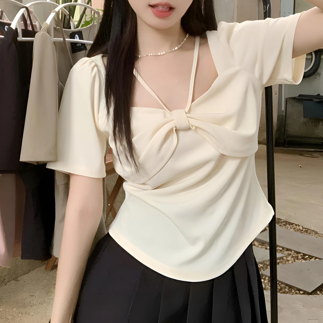 大码女装设计感蝴蝶结短袖t恤夏季新款胖mm修身小众时尚气质上衣