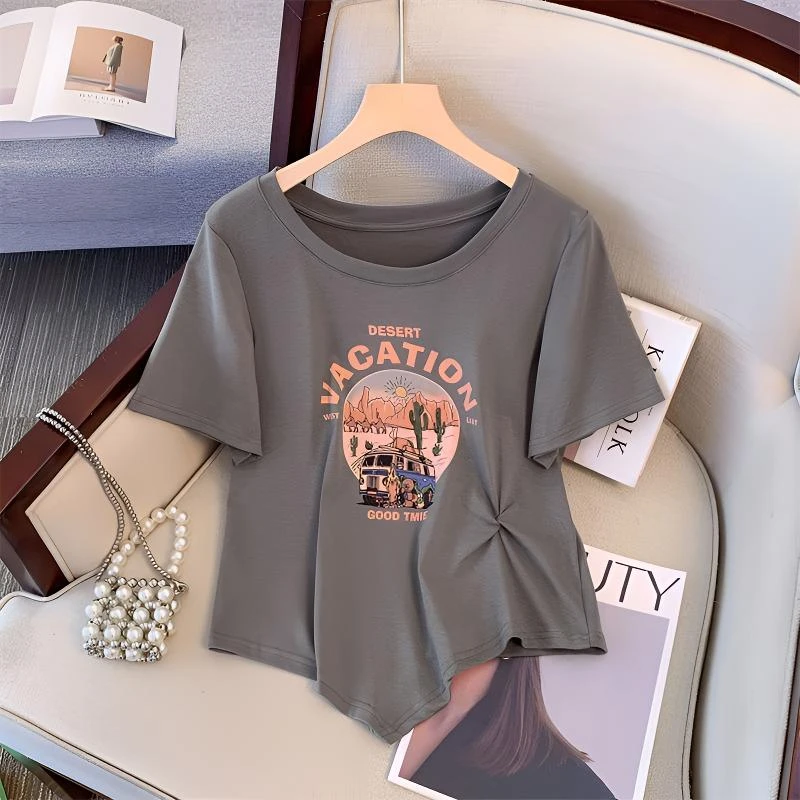大码女装胖mm夏季新款学生短袖t恤简约百搭小众印花时尚减龄上衣