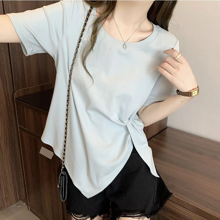 大码女装胖mm新款简约百搭下摆不规则小众短袖t恤减龄气质上衣夏