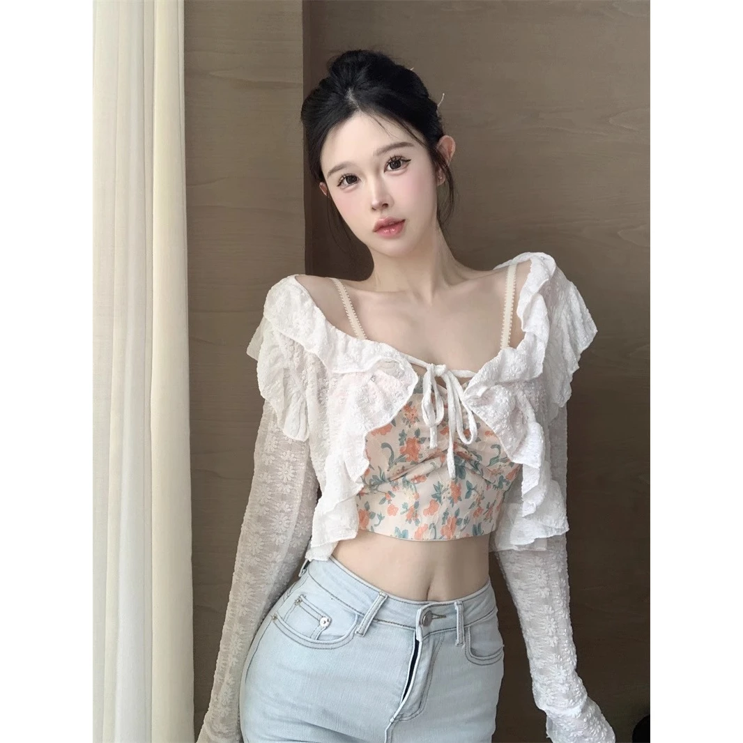 法式温柔风薄纱小披肩女款外搭荷叶边系带开衫配吊带裙子上衣短款