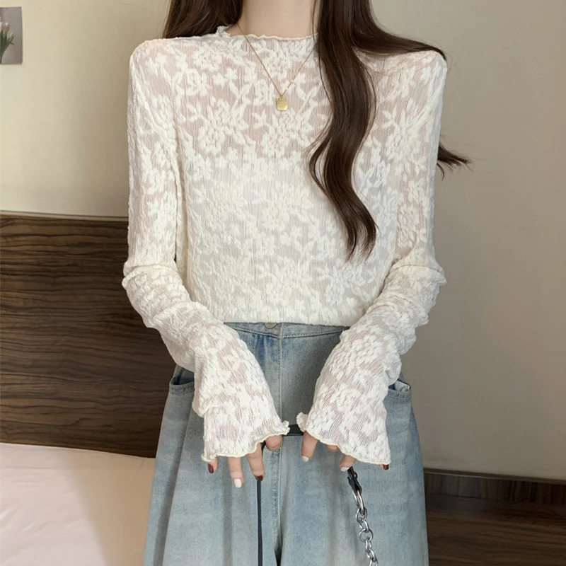 大码设计感蕾丝内搭长袖打底衫女春秋季胖妹妹mm气质遮肉显瘦上衣
